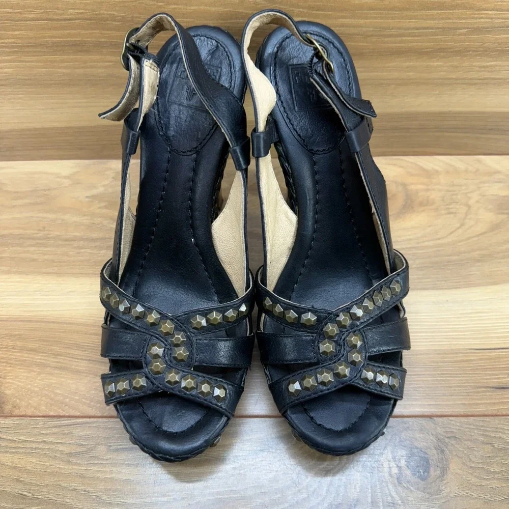 Frye Womens Heels 7.5 Dara Honeycomb Sling Black Leather Platform Studded